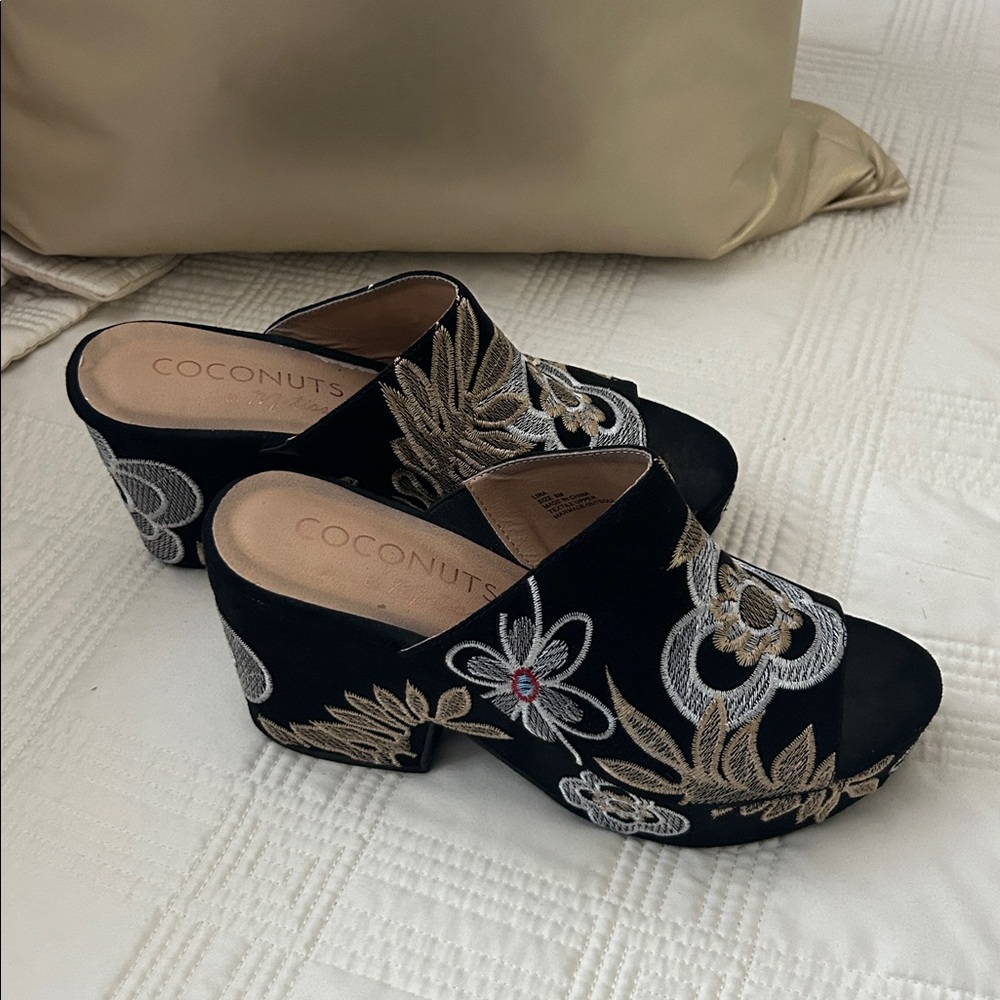 Coconuts Black Embroidered Open-toed Mules